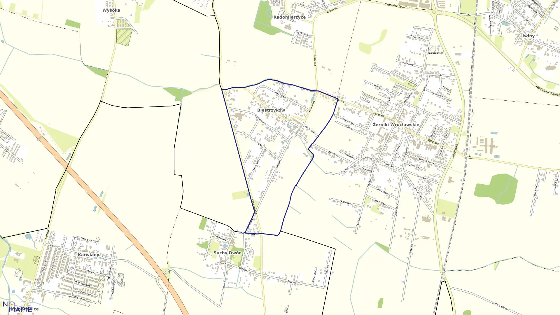 Mapa obrębu Biestrzyków w gminie Siechnice