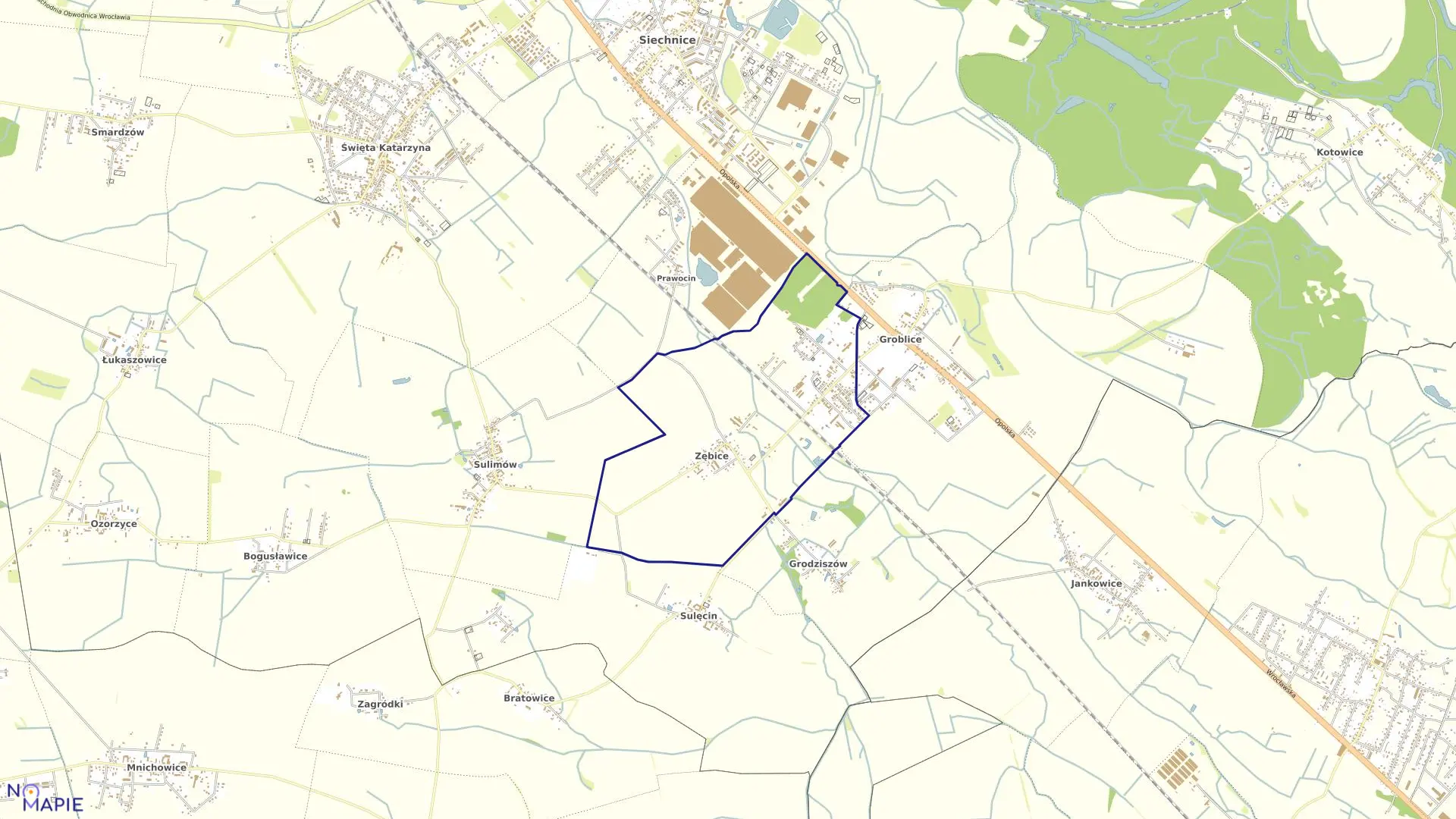 Mapa obrębu Zębice w gminie Siechnice